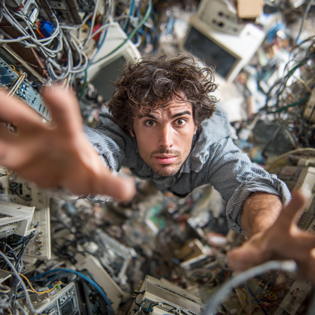 hanneyp a man struggling to escape from a pile of old computers 0af18404 b43a 4096 b571 3045e8872e57
