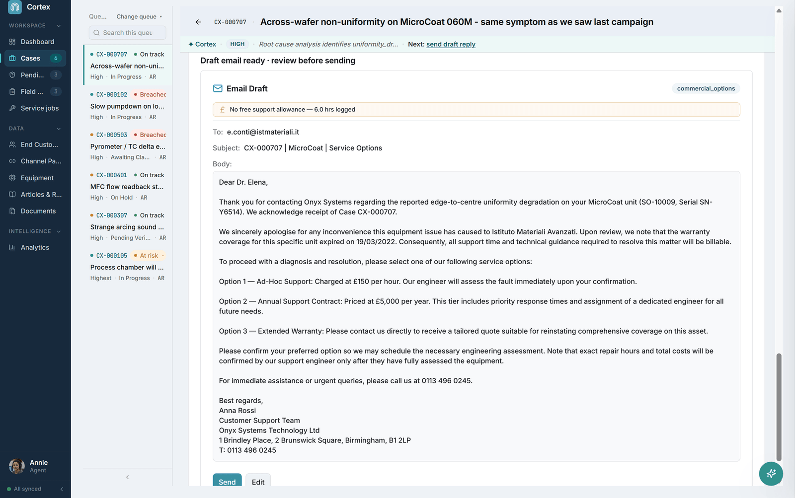 The three-option conversion email Cortex drafts the moment a case turns billable