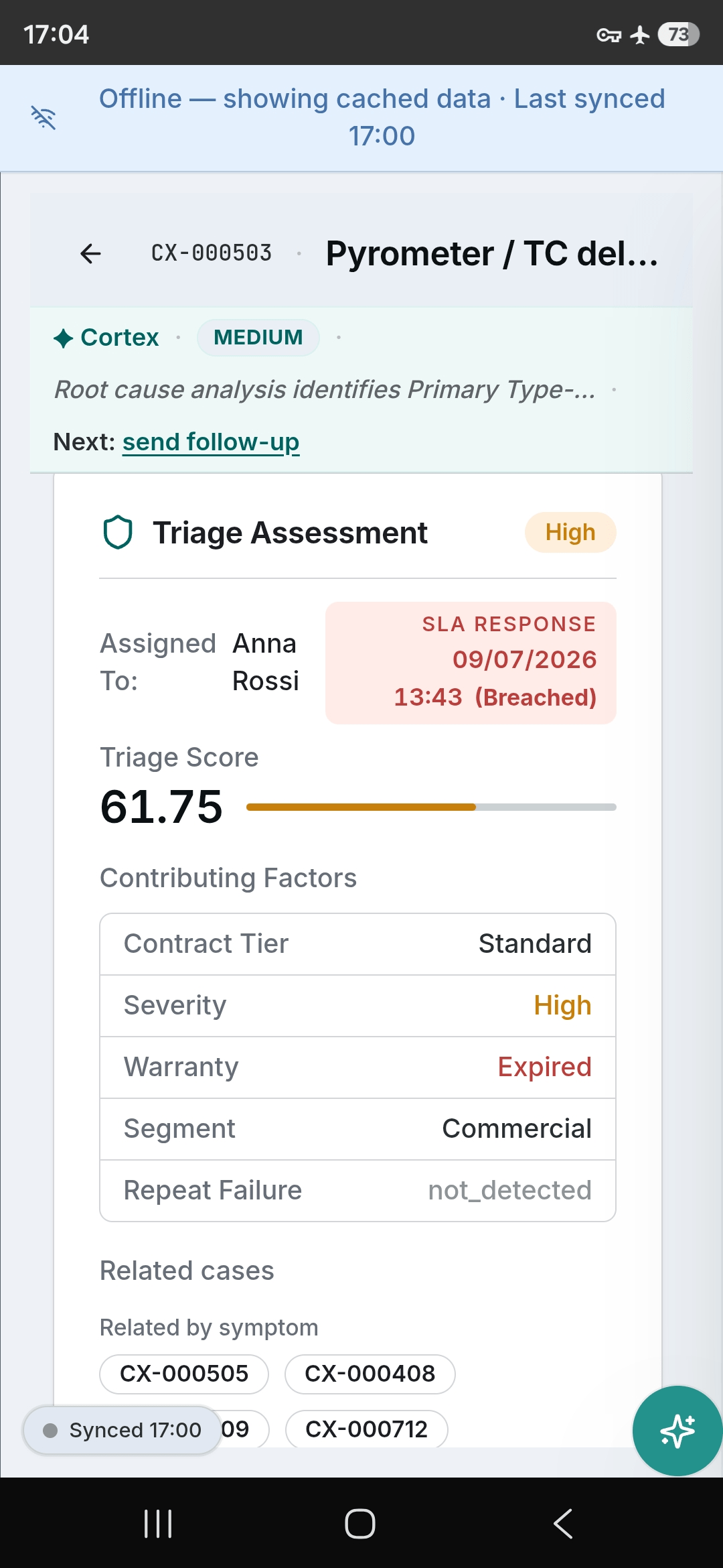 The native mobile app reading a cached case with no signal — work carries on off-grid