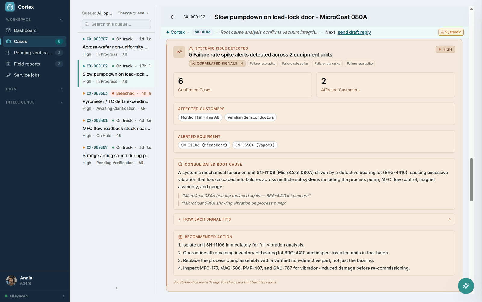A pattern alert clustering a recurring failure across the installed base, with the drafted Product Improvement Recommendation